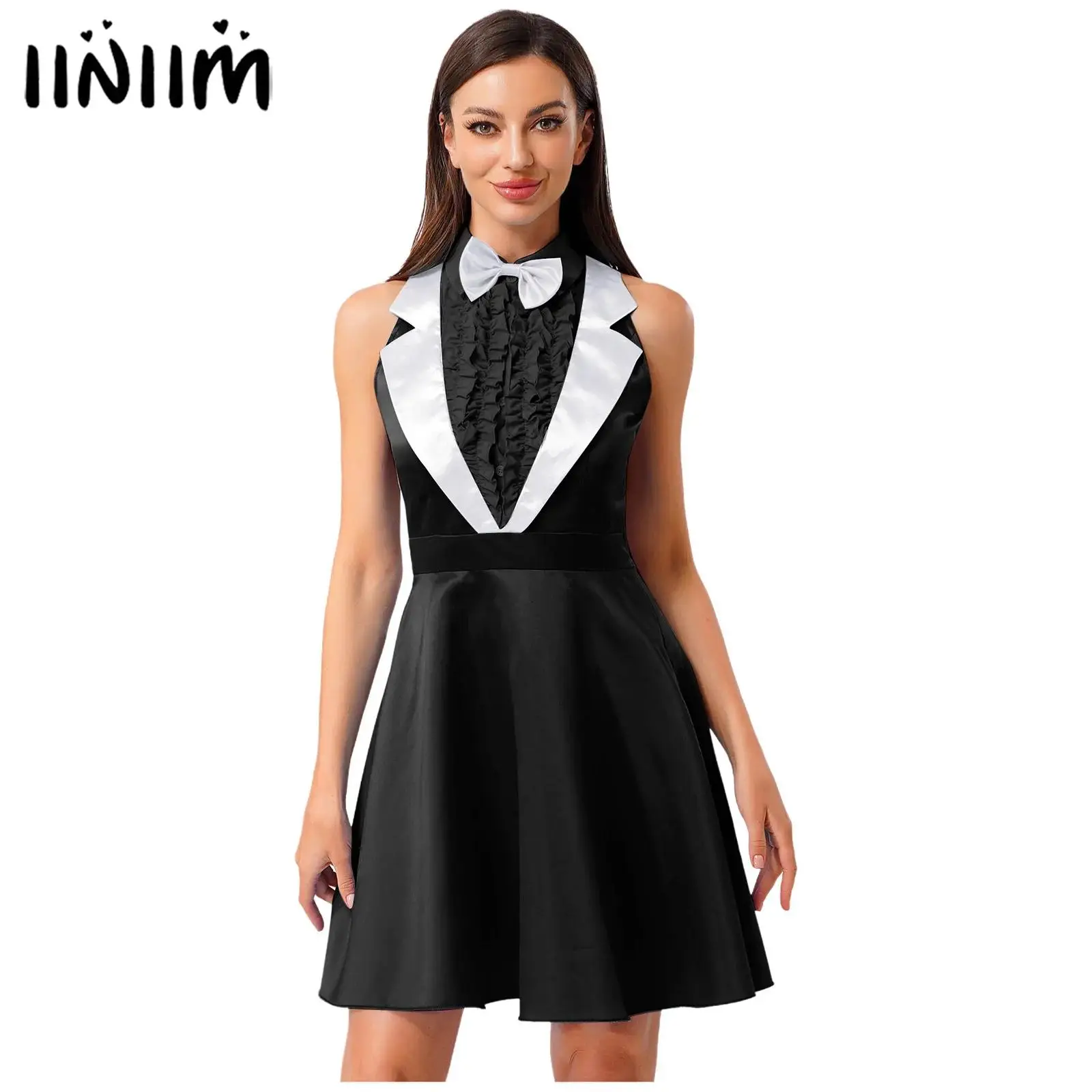 

Womens 70s 80s Dumber Waitress Cosplay Costume Party Raves Halloween Outfits Lapel Ruffled Chest A-line Dress And Bowtie