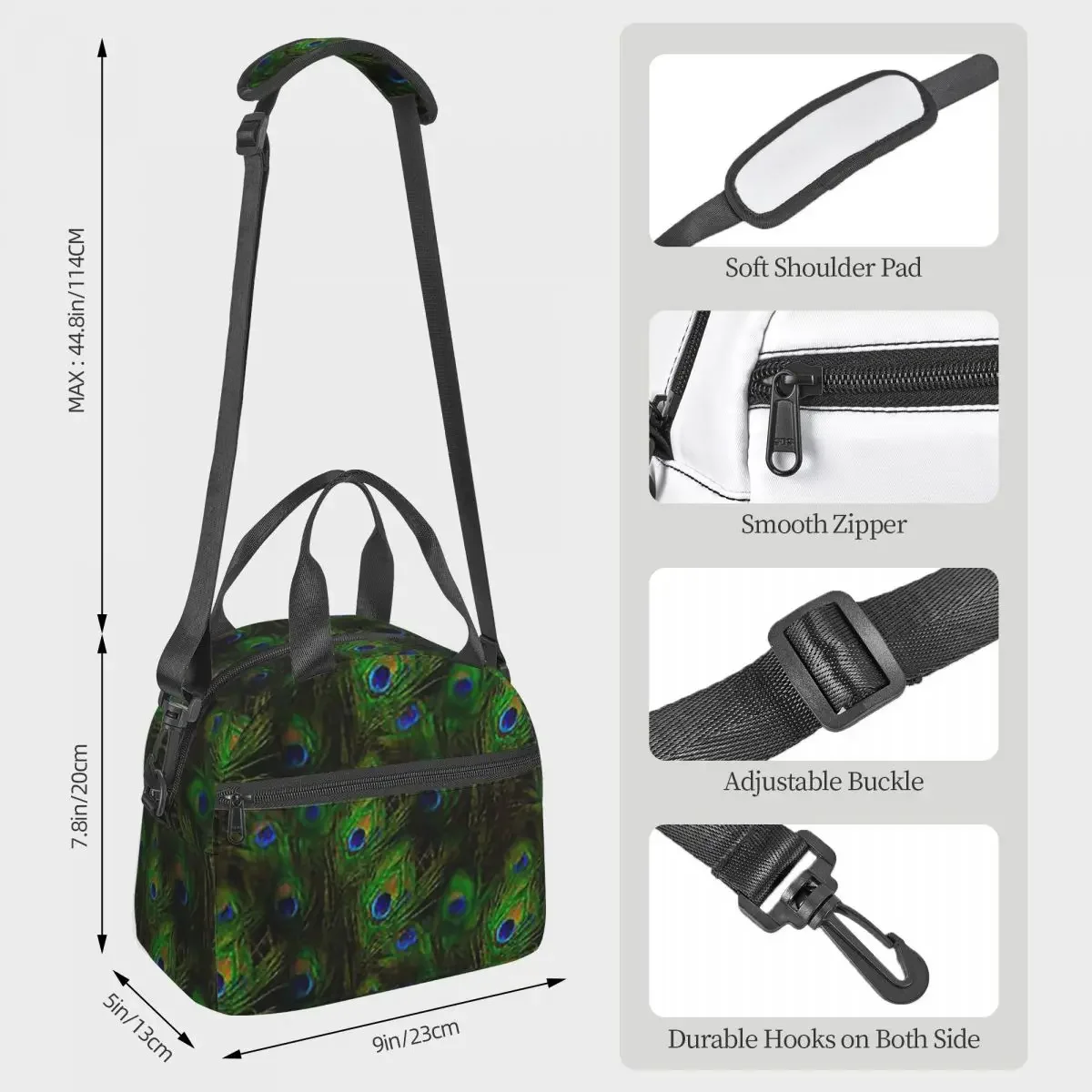 Peacock Feathers Lunch Bags Insulated Bento Box Leakproof Lunch Tote Picnic Bags Thermal Bag for Woman Kids