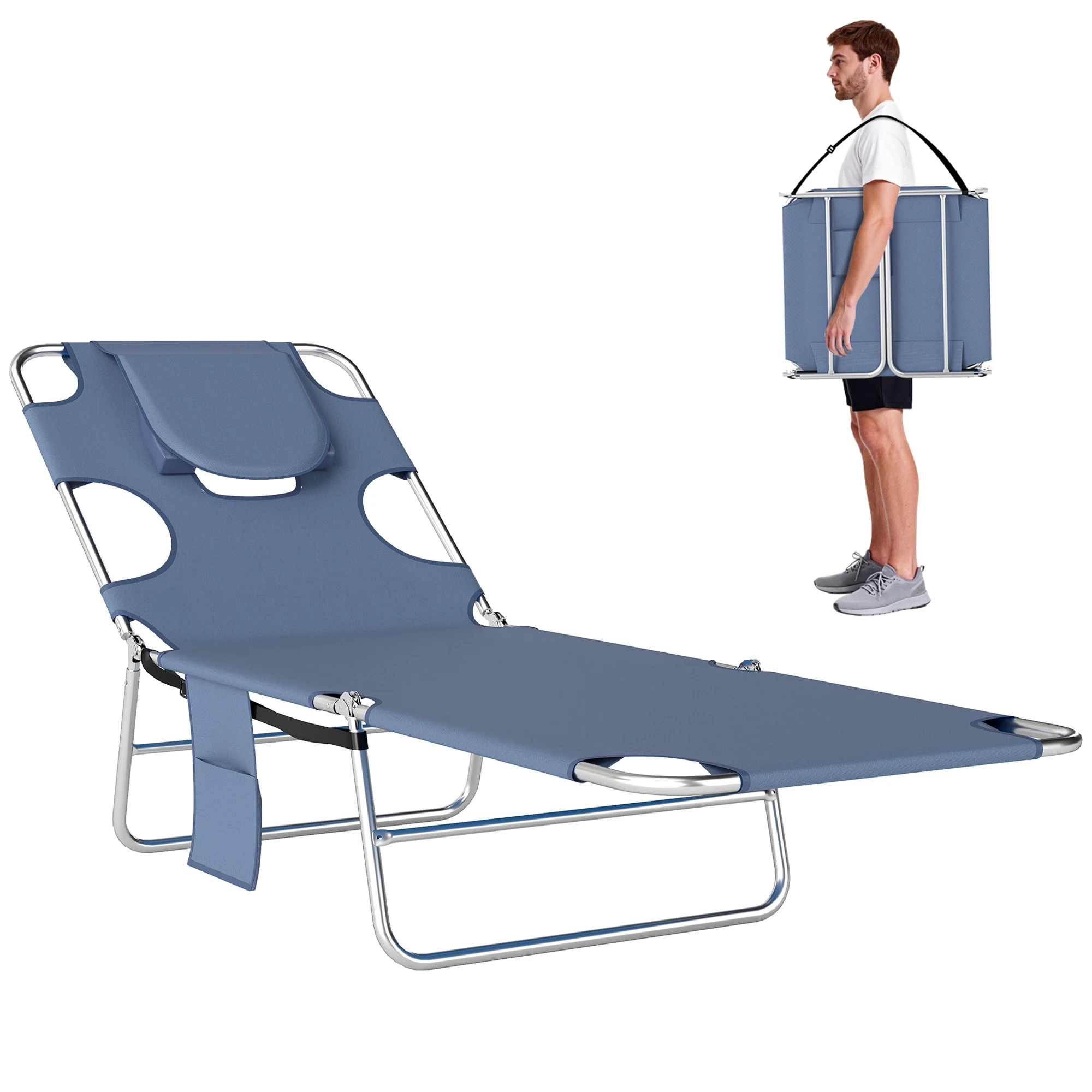 Outdoor Chaise Lounge Portable Adjustable with Face Cavity & Arm Slots Gray