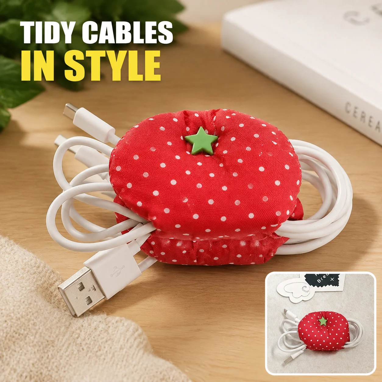 Cute Tomato Shape Cable Organizer Clips, Fabric Fixed Cord Wrap Holder, Wire Management Keeper for Charging Cables, Earphone
