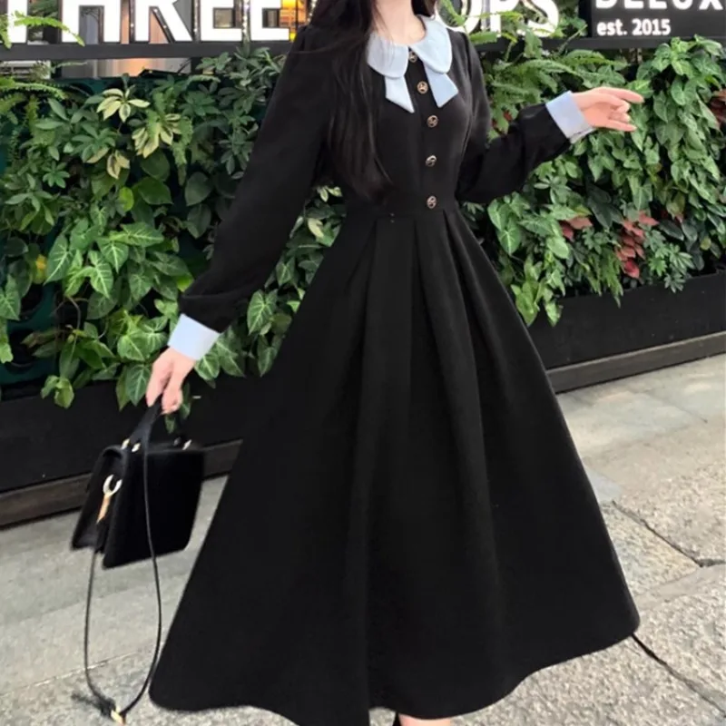 Hikigawa 2023 Preppy Causal Women Dress Peter Pan Collar All Match Dresses Long Sleeve Chic Fashion Elegant Vestido De Mujer