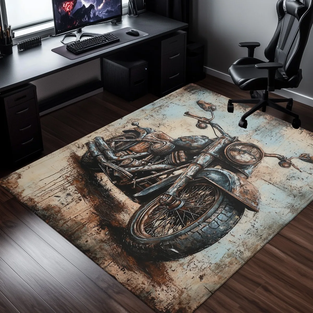 2D Flat Rusty Vintage Motorcycle Industrial Style Flannel Area Rug Non Slip Biker Decor Carpet For Living Room Bedroom Floor