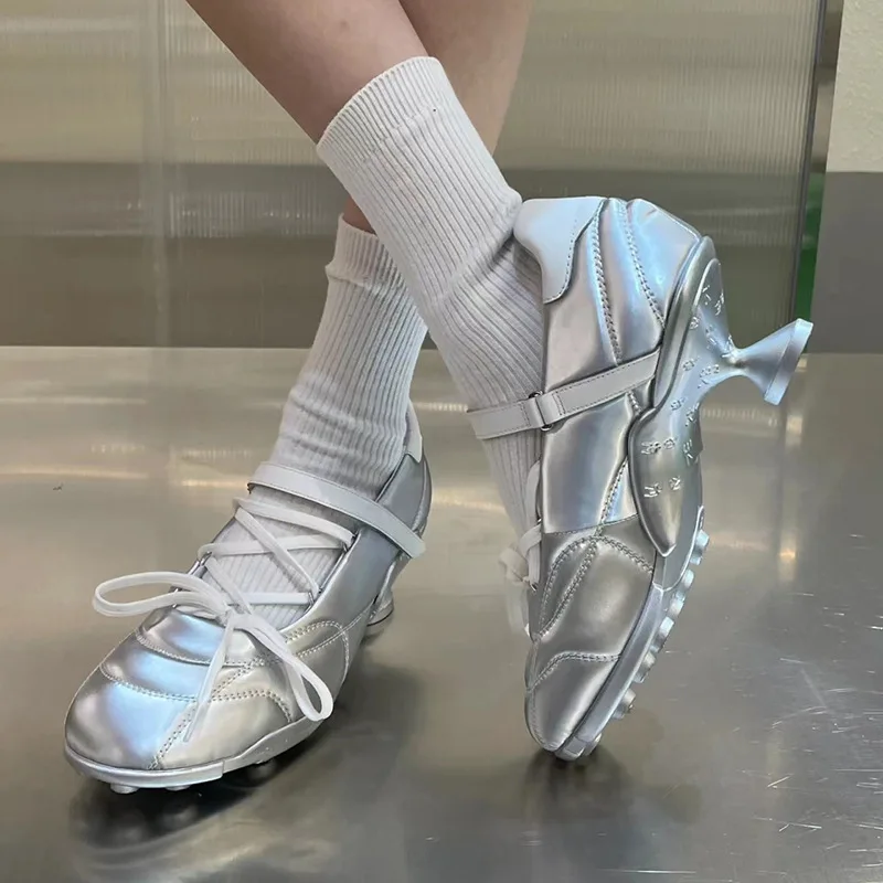 

Silver Lace-Up Bow Sporty Ballet Shoes Women Kitten Mid Heels Round Toe Cross Strap Butterfly-Knot Hook Loop Chaussures Fashion