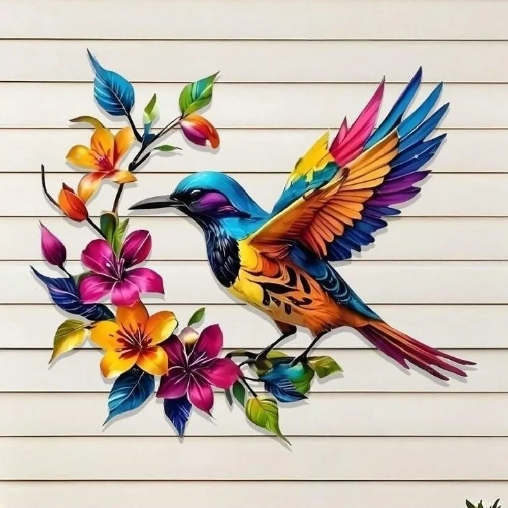 Colorful Flower Iron Art Bird Wall Hanging Weather Resistant Rustproof Metal Hummingbird Art Decor Hand Painted