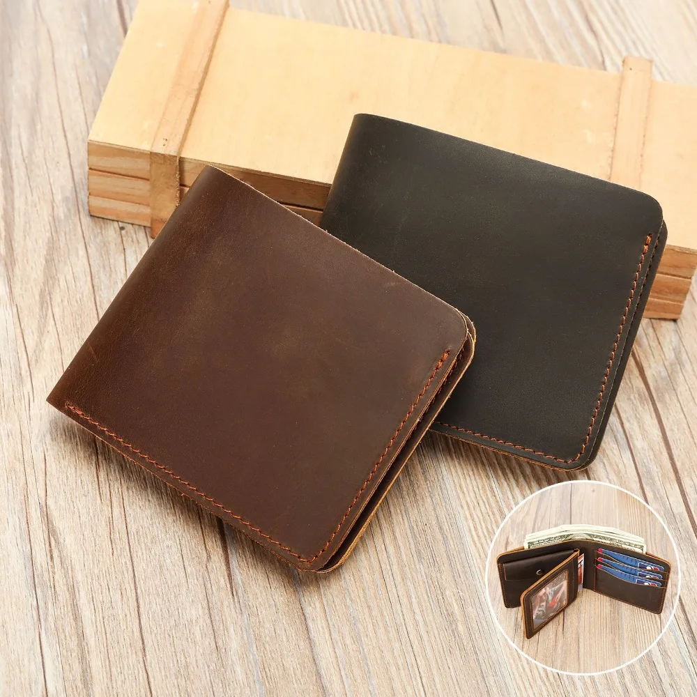 Crazy Horse Leather Vintage Men's Wallet Handcrafted Cowhide Billfold Coin Pocket Multi-Card Compartment Leather Wallet