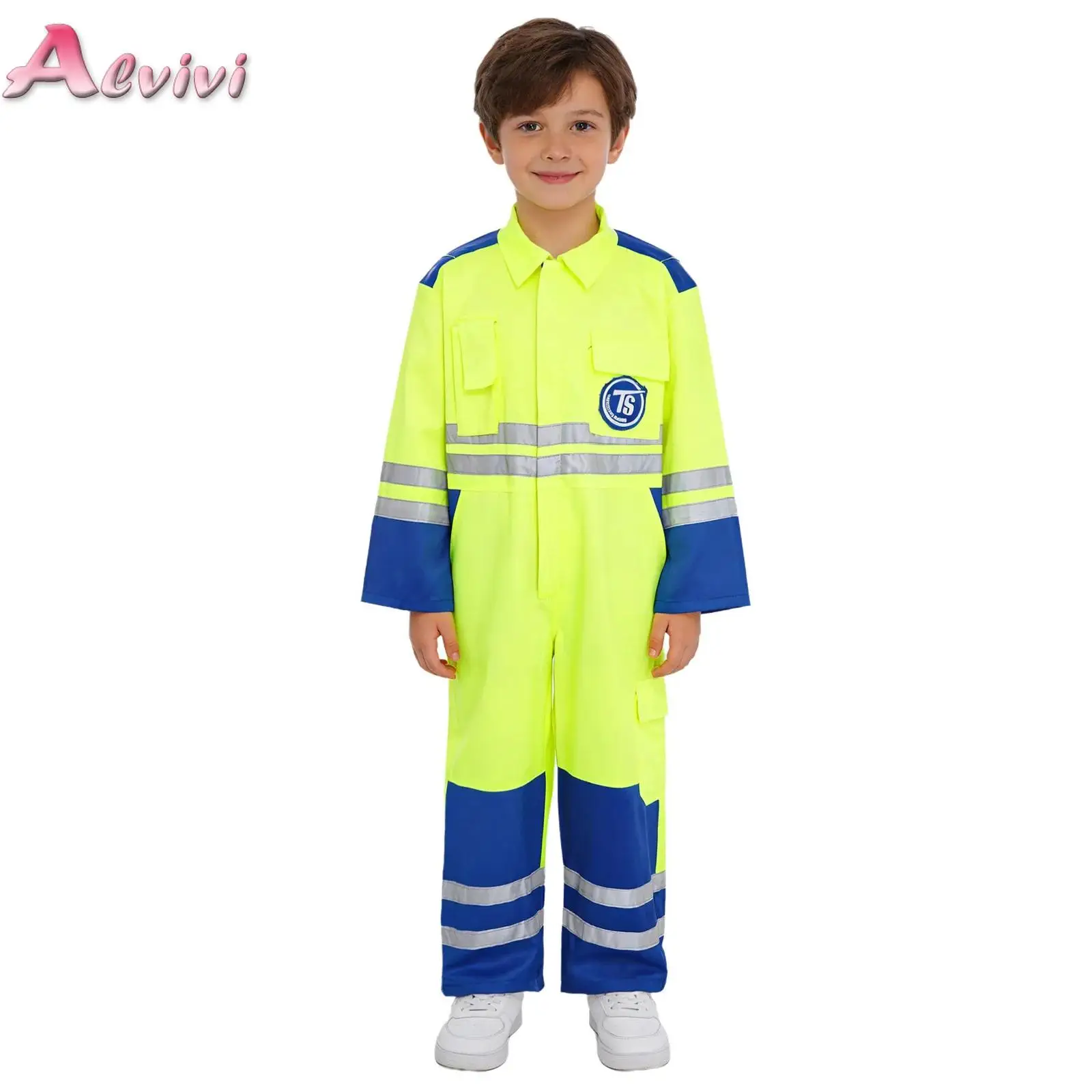 

Boys Girls Strips Coveralls High Visibility Workwear Long Sleeve Color Block Jumpsuit for Theme Party Kindergarten Activities