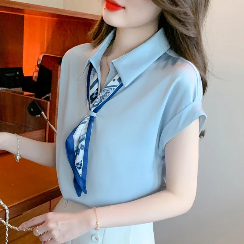 Elegant Summer Office Silk Blouses Women 2024 Fashion Short Sleeve Blue Ladies Tops Korean Style Clothes y2k Work Chiffon Shirts