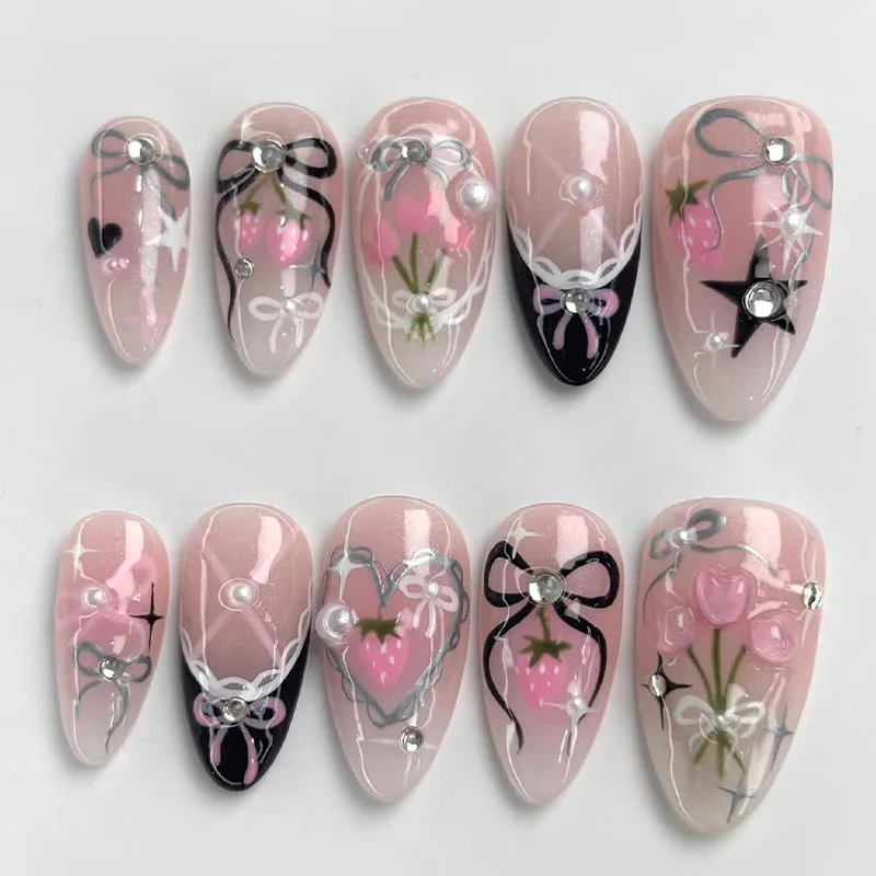 

30pcs Y2K Cute Strawberry Print Press On Nails French Bow Almond False Nail With Colorful Doamind Decor Sweet Cool DIY Manicure