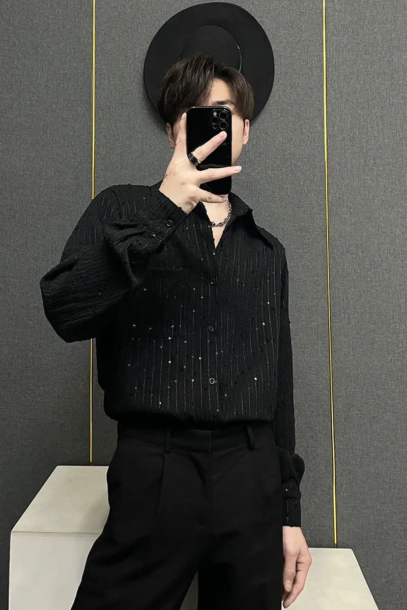 Spring and Autumn New Sequin Design Long Sleeve Shirt Youth Fashion Loose Casual Ins Fashion Trend Shirt for Men