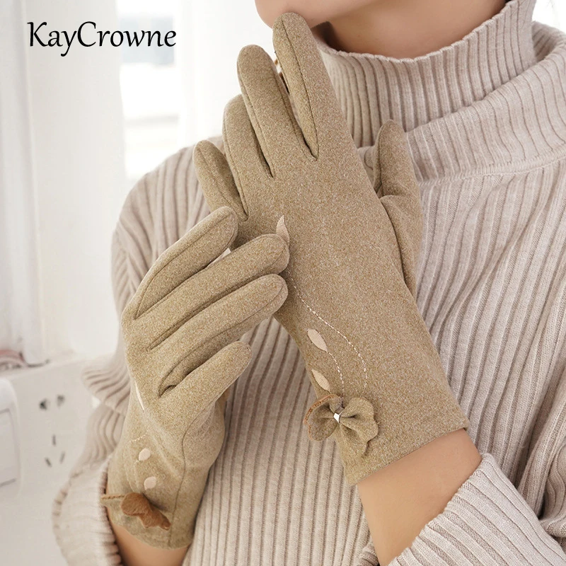 

KayCrowne New Grace Gloves Women Winter Elegant Full Finger Keep Warm Windproof Touch Screen Rosette Suede Glove Female G218