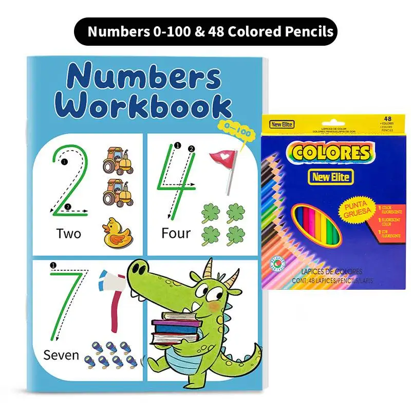 

Рабочая тетрадь для детей с цифрами от 0 до 100 + набор из 48 цветных карандашей, книга для изучения математики для дошкольников, раннее обучение детей, обучение письму и рисованию