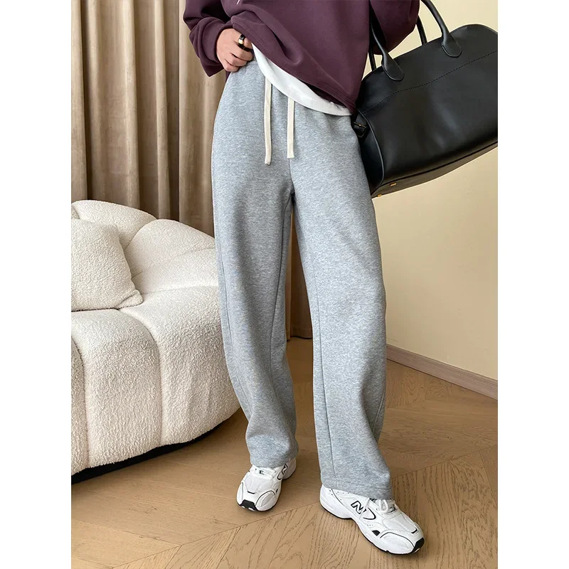 American casual style scimitar cut elastic waist drawstring wide leg velvet thickened sweatpants women pants