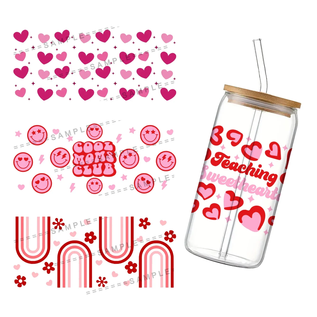 Avvolgitore per tazza UV DTF con cuore colorato per San Valentino per l'adesivo di trasferimento fai-da-te per lattina di vetro Libbey da 16 once