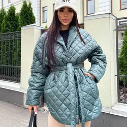 2024 Fashion Autumn and Winter Coat Slim Fitting Bandage Lapel Long Sleeve Plaid Long Personalized Cotton Coat Women's Top