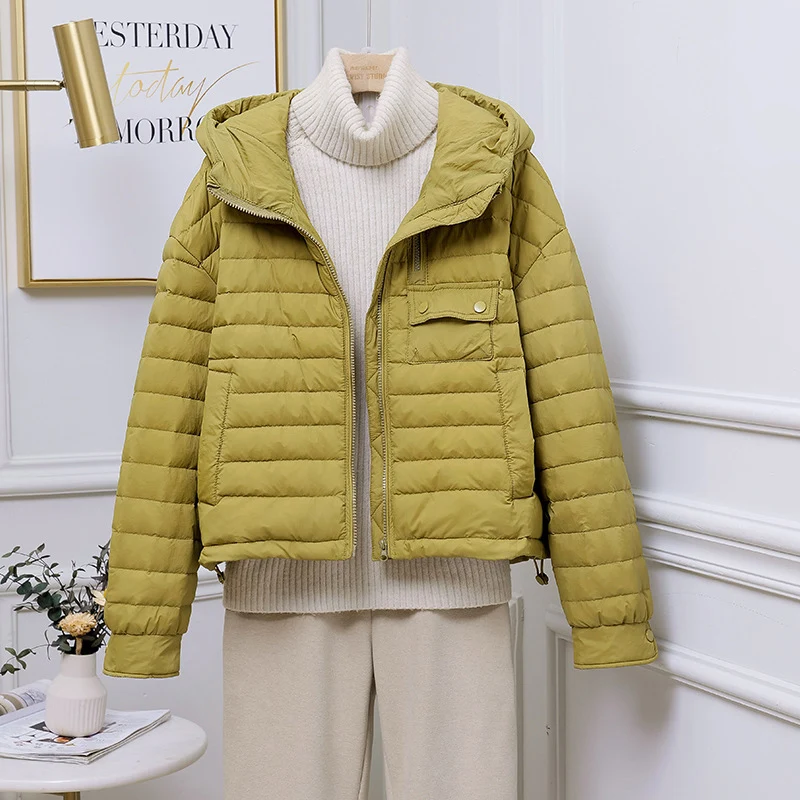 Schinteon Women Ultralight Down Jacket Casual Loose Over Size Autumn Winter Outwear White Duck Down Short Coat with Hood 2024