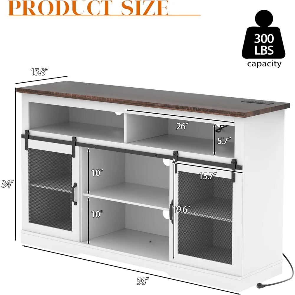 슬라이딩 헛간 문이 있는 65인치 이상 높이의 TV 스탠드, 엔터테인먼트 센터, 전원 콘센트 포함