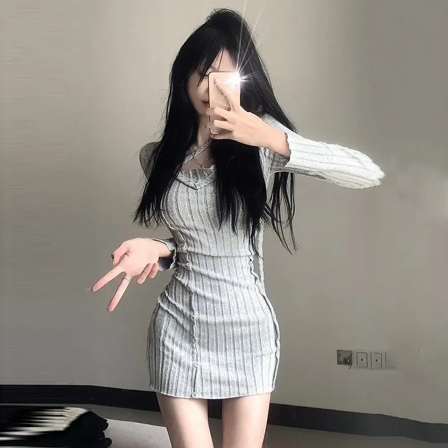 Dresses for Women Summer Woman Long Sleeve Dress Korean Style Bandage A Line Elegant and Pretty Vintage Kpop New Features of Y2k