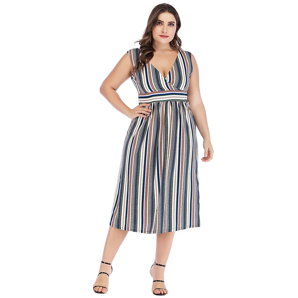 Vestido playero bohemio de talla grande para mujer, ropa Sexy sin mangas con cuello de pico profundo, a rayas, para vacaciones y fiestas, verano, 2023