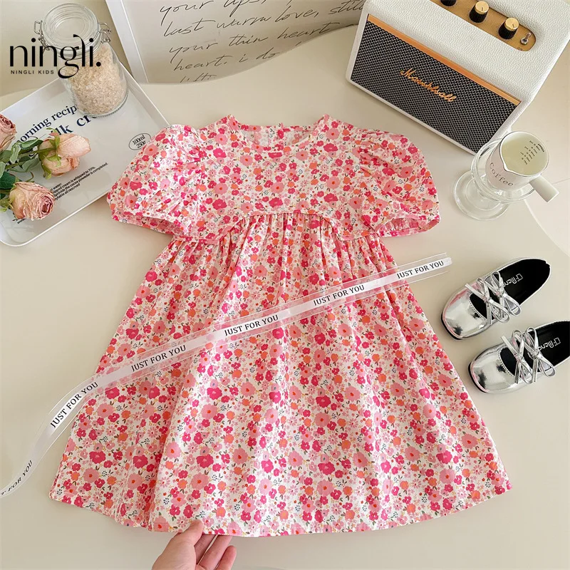 

Children's Floral Dress Summer New Style Baby Girl Fashionable Cotton Flower Print Princess Dress