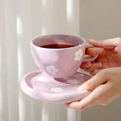 250ml Japanese Retro Hand-Painted Purple Small Flower Ceramic Cups with Saucers Hand Pinched Irregular Coffee Mug Set