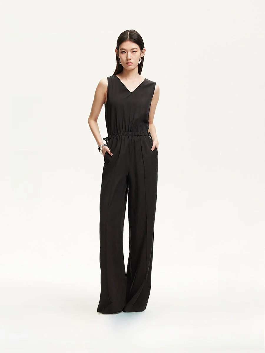 

Ele V-Ne Linen Jumpsuit Women's Spring Summer Casual Loose Fit Classic Straight Leg Pants Versatile mid Waist Design