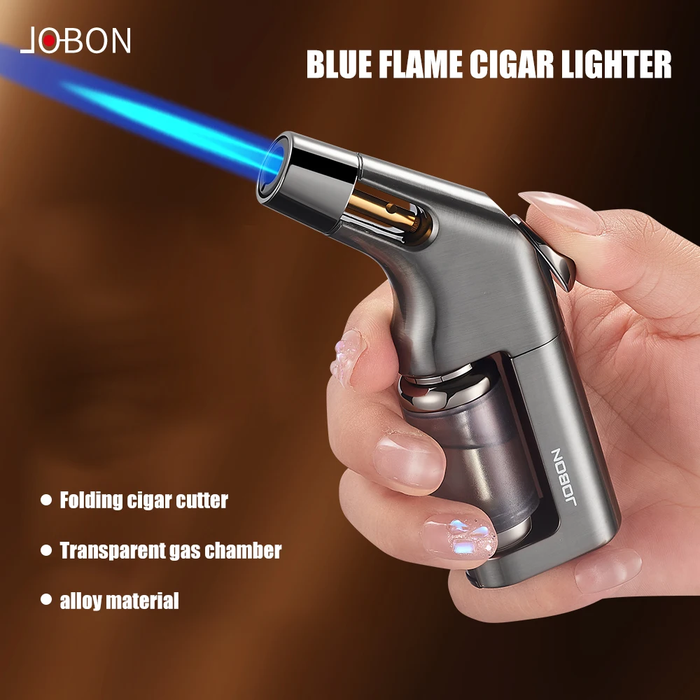 JOBON Blaue Flamme Zigarrenfeuerzeug mit Transparenter Sichtbarer Gaskammer, Klappbare Zigarrenschere, Schiebezündung, Kompaktes Werkzeug