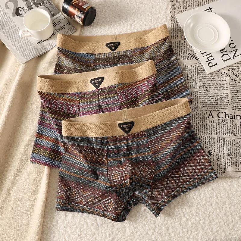 

plus Size Ice Silk Thin Boxer Shorts for Men Breathable Comfortable Antibacterial Retro Print Pattern mid Waist Cotton Inner ...