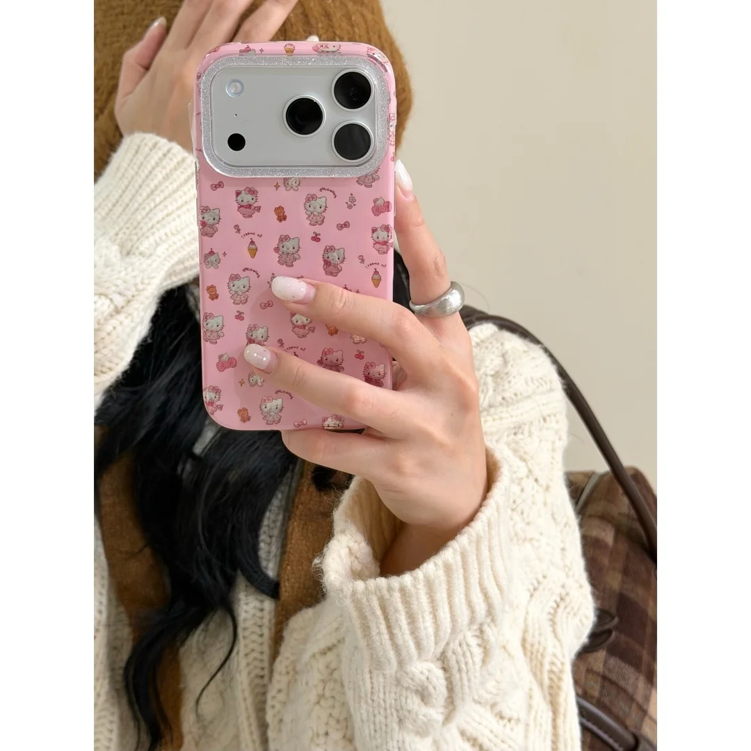 

Full Screen Sequin Cherry Bowknot Cute Cartoon Pink Cat Phone Case for iPhone 17 16 15 14 13 Pro Max Back Cover Fundas