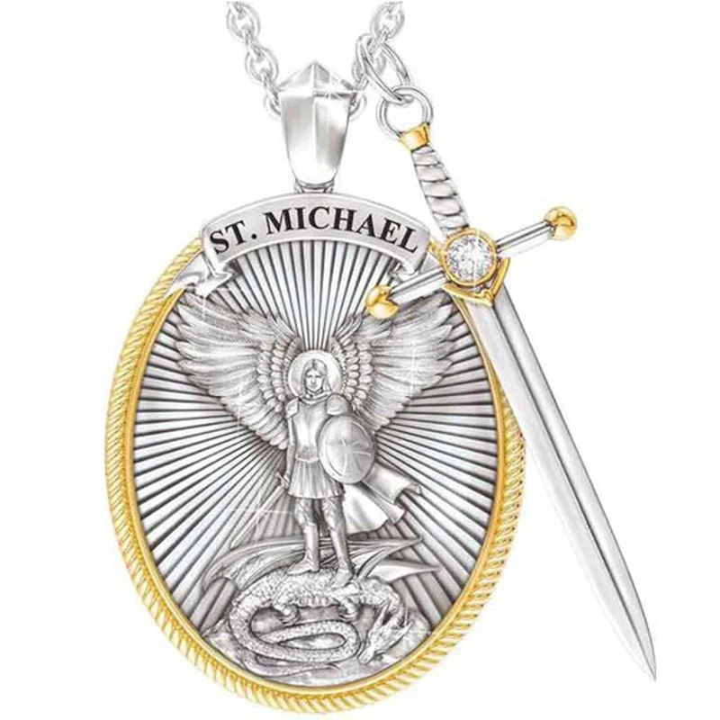 Collier pendentif Viking en acier, motif catholique de saint Michael, bijoux, épée divine, Protection du senhield, cadeau pour hommes et femmes
