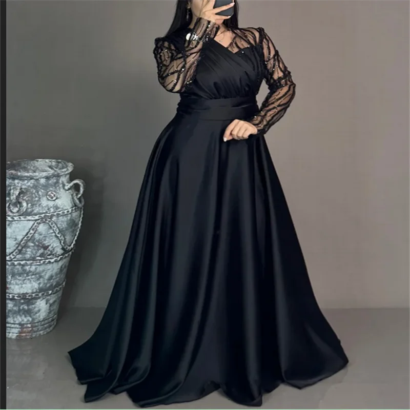 

Блестящие платья для выпускного вечера трапециевидной формы с V-образным вырезом длиной до пола и длинными рукавами فستان سهرة نسائي Black فساتين maji