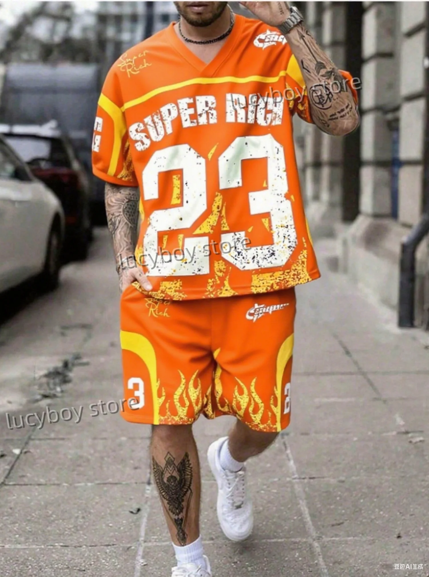 Summer Super Rich No.23 Print Men's Short Sleeve V-Neck T-Shirt Shorts Set Adult Basketball Jogging 2 Piece Set Men Clothing