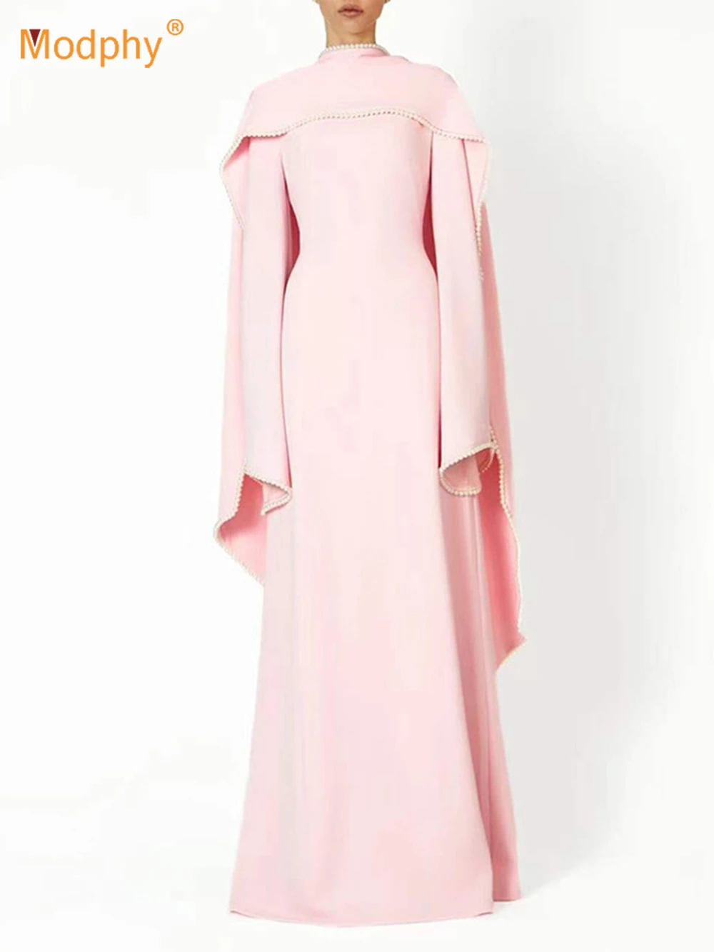 

Modphy Evening Dresses Long Sleeves O Neck Slim Maxi 2025 Women Dinner Party Gowns With Shawl Pearls Elegant Wedding Robes Lady