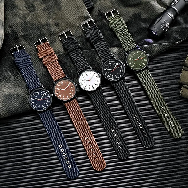 Homens Luminous Nylon Band Relógio Militar, Liga Relógio De Pulso, Quartzo, Esportes, Resistente Ao Choque, Relógios De Pulso