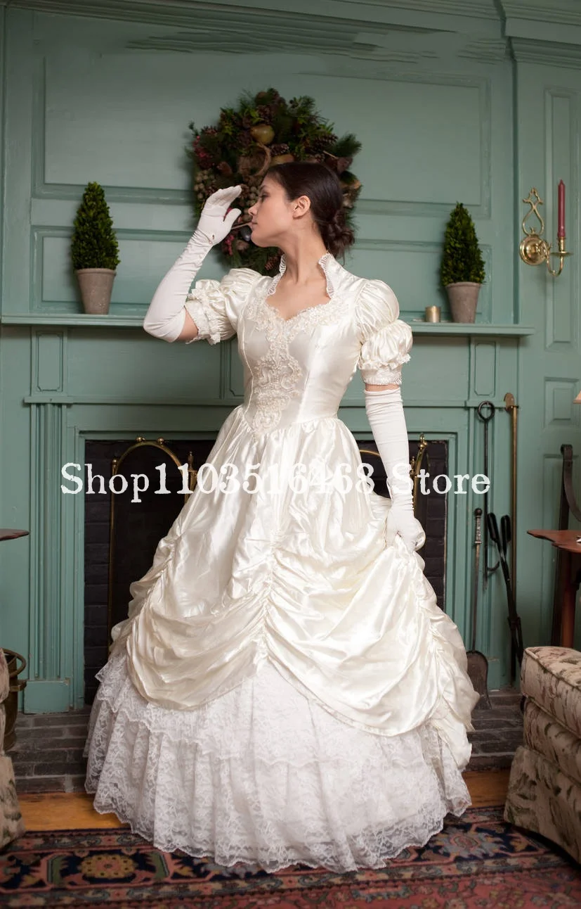 Ivory Victorian Wedding Dress High Neck Puff Sleeve Satin A Line Applique Pleated Medieval Bridal Gown Renaissance Wedding Dress