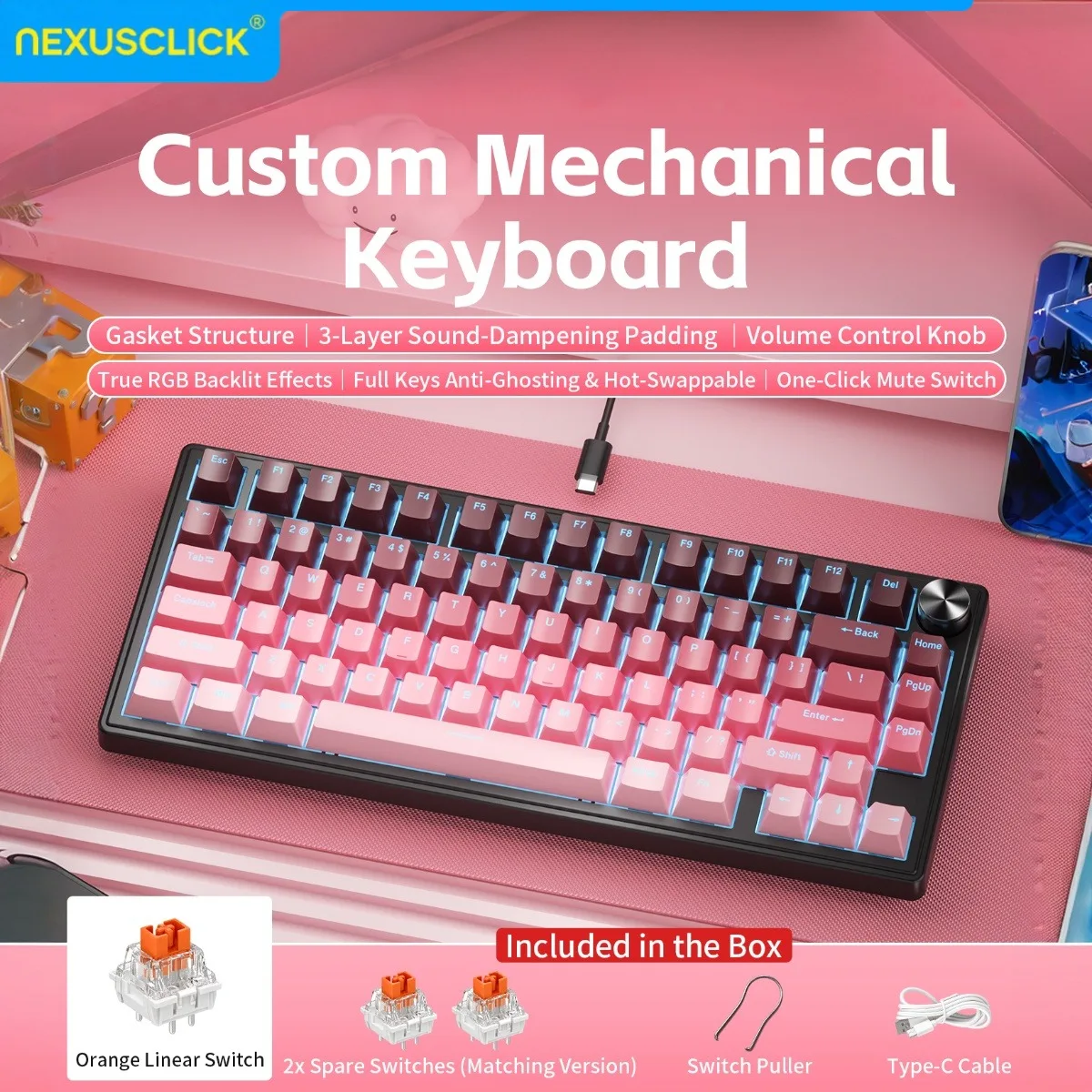 NEXUSCLICK K80 Mechanical Keyboard,Full Keys Hot-Swappable 3-Layer Sound Dampening RGB Type-C Wired 80% Compact Gaming Keyboard