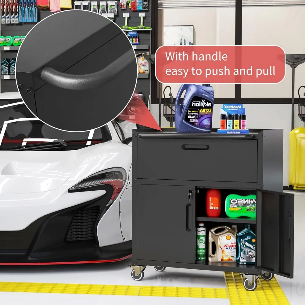 Сверхмощный металлический шкаф для инструментов на колесиках, черный, идеально подходит для решений для хранения в гараже
