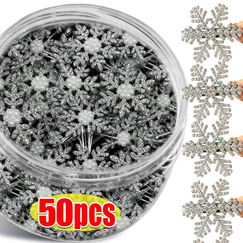 

1-50pcs Winter Girl Sparkling Diamond Snowflake Hair Clips 2025 New Christmas Pearl Snowflake Metal Edge Clips Hairclips