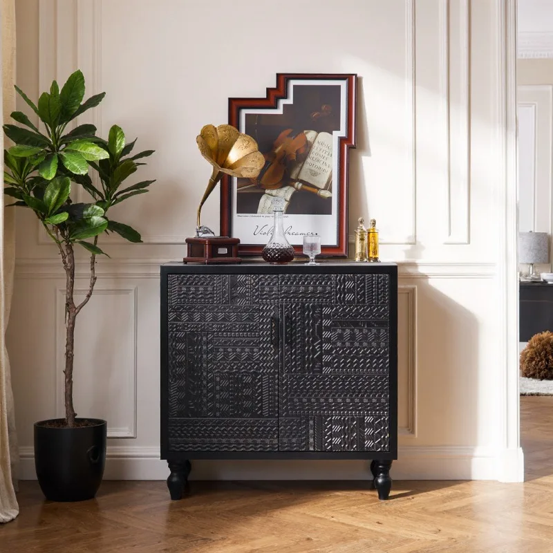 French Retro Old Black Wood Carved Corner Cabinet American Living Room Locker Geometric Texture Decorative Locker