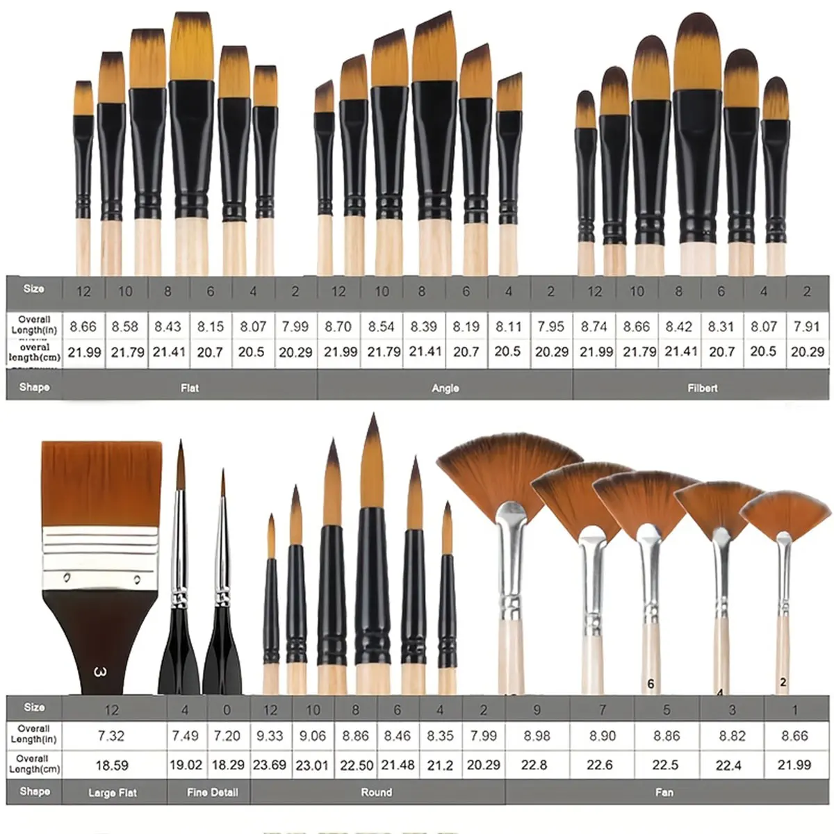 32Pcs Recycled Wood Handle Paintbrushes – Professional Acrylic/Watercolor Set with Gold Tips,  ZSY