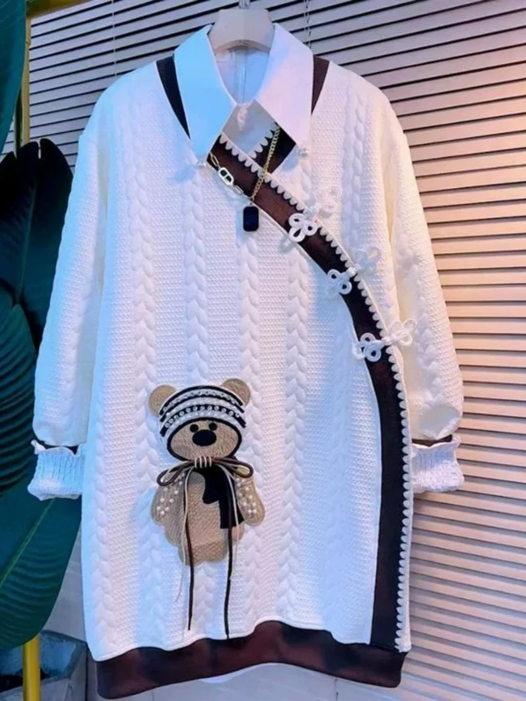 

Женский длинный свитшот размера плюс V-Ne с медведем в стиле пэчворк, осень-зима, теплый милый корейский модный топ для молодежи