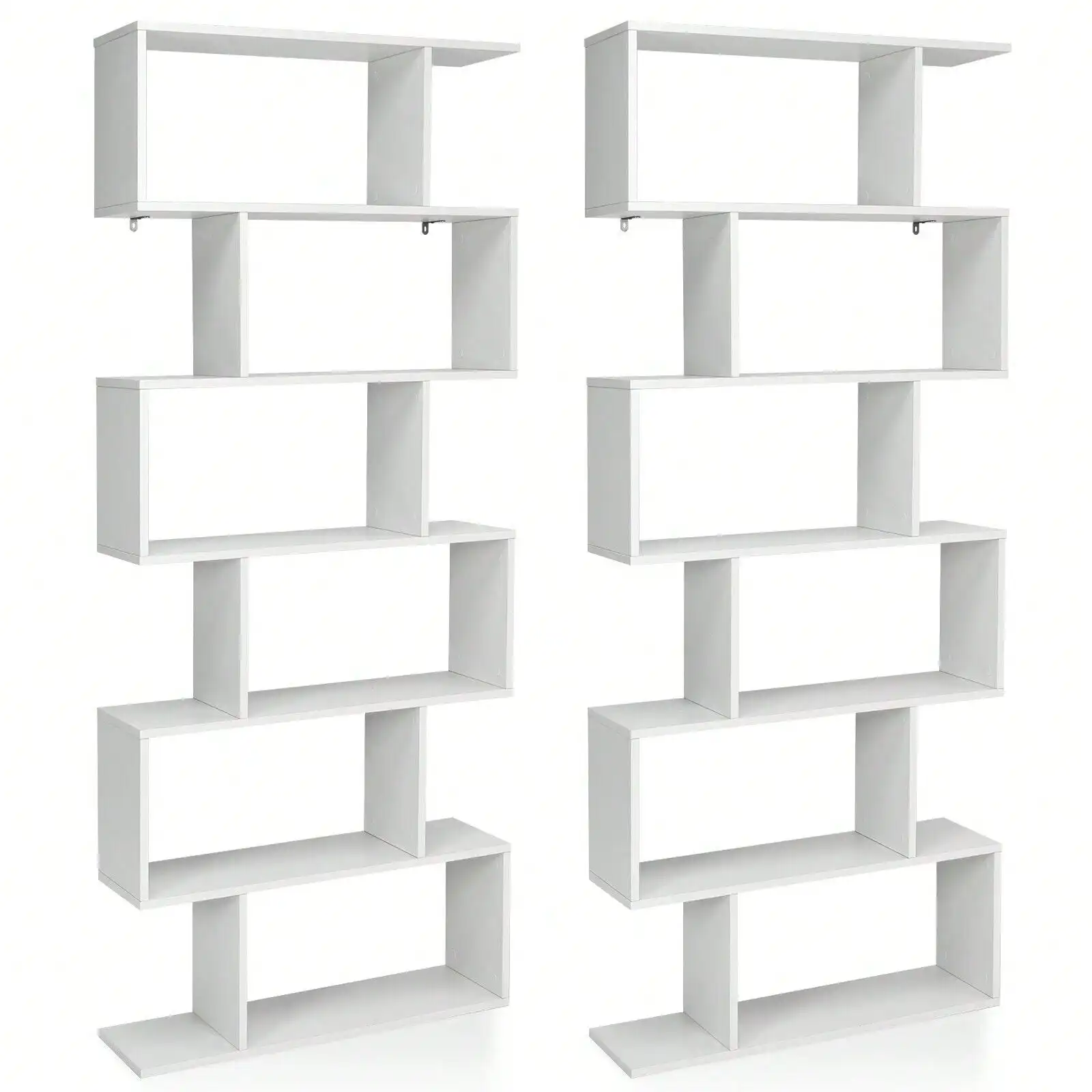 2 PCS 6 Tier S-Shaped Bookshelf Storage Display Bookcase Z-Shelf White