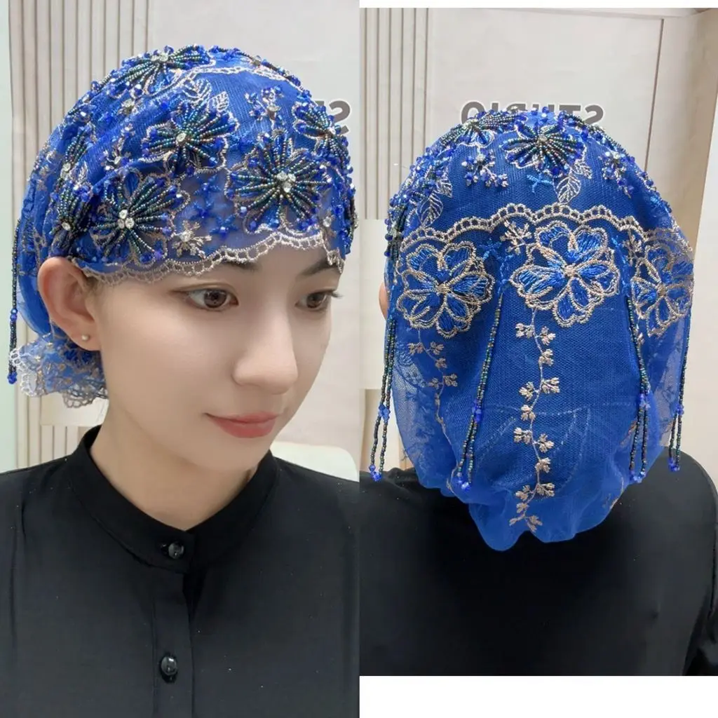 Luxury Women's Black Hijabs Mesh Fabric Bead Hat with Diamond Double Layer Embroidered All-match Shawl Hats Gorgeous Party
