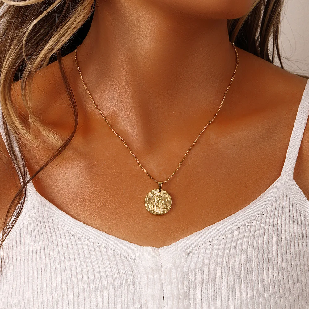 

New Simple Personality Fashion Stainless Steel Gold Round Coin Twelve Constellations Relief Necklace Women's Choker Кольцо 2025