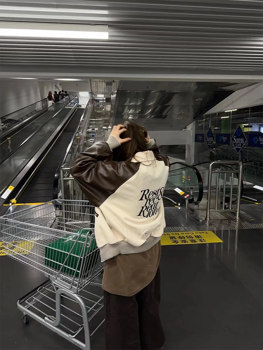 PEACHZHOU Veste en cuir colorée coupe ample style baseball rétro coréen pour femme, manteau coupe-vent à manches longues avec fermeture éclair