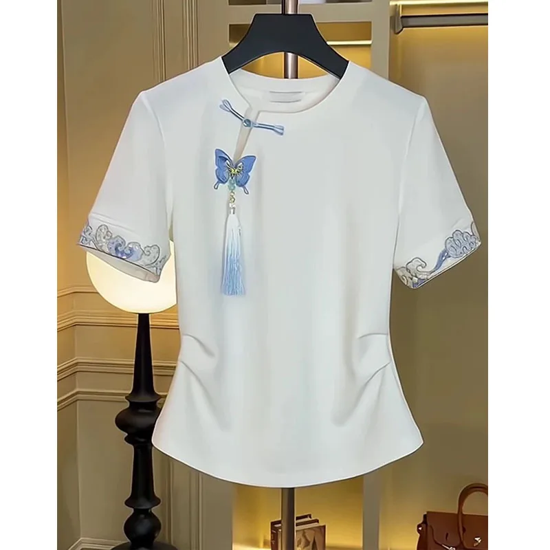 New 2024 Summer slim T Shirt Women Chinese Style Short Sleeve White Color tassel bow Embroidery T-shirt Women Hot Sale clothes