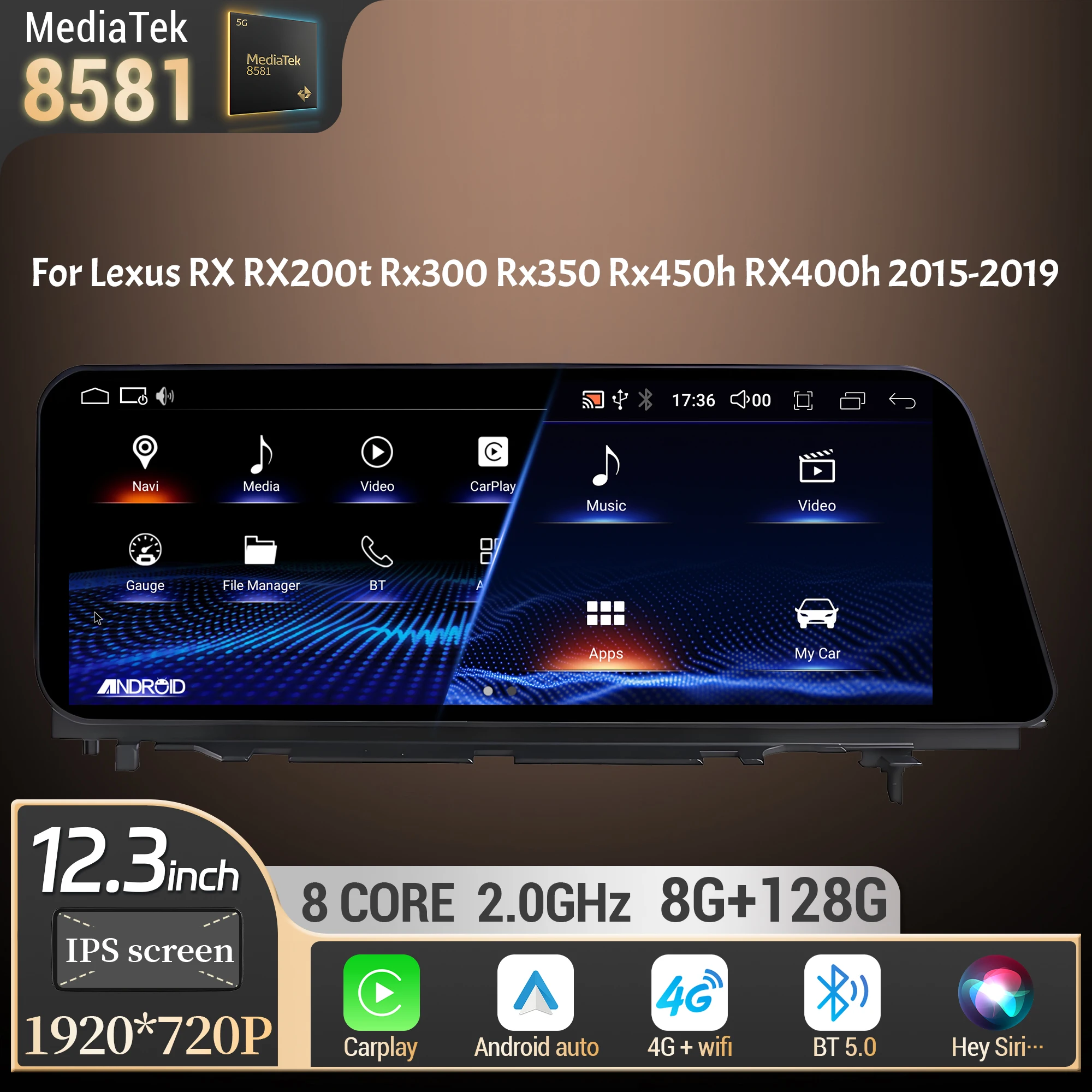 

12.3"Android 14 For Lexus RX RX200t Rx300 Rx350 Rx450h RX400h 2015-2019 Carplay Car Radio Multimedia Wireless Bluetooth Screen
