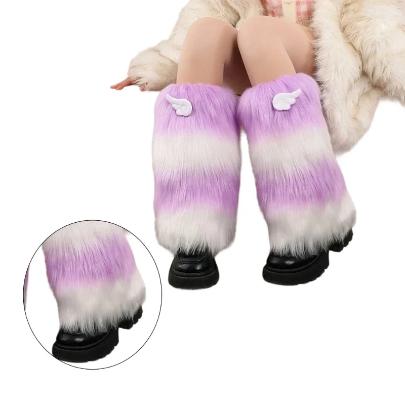 Women 3D Wing Leg Warmer Japanese Winter Colorblock Fuzzy Plush Boot Cuffs Wholesale