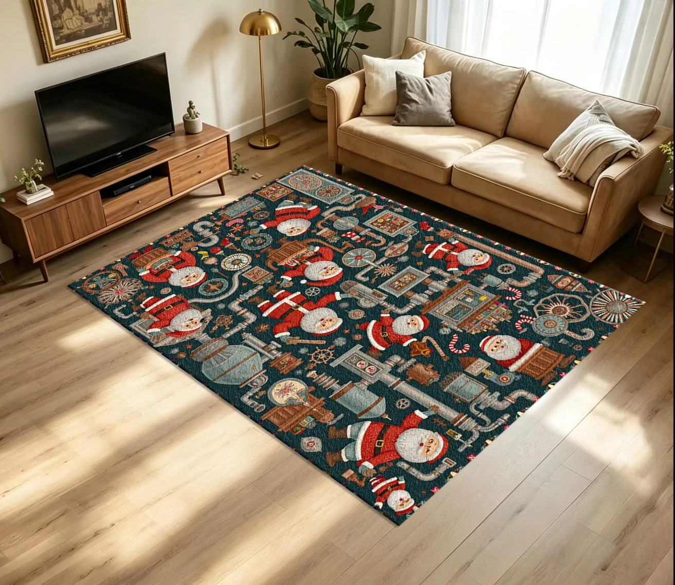 Steampunk Santa Claus Print Carpet Flooring Festive Christmas Style Floor Rug for Household Indoor Room Decoration
