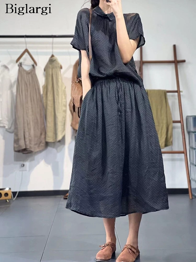 

Oversized Summer Polka Dot Print 2 Two Piece Set Women Casual Fashion Ladies Blouses A-Line Elastic High Waist Woman Long Skirts