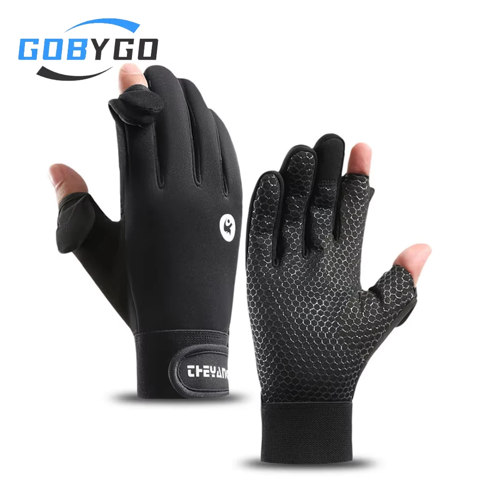 GOBYGO 1Pair Winter Warm Cycling Gloves 2Fingers Touch Screen Outdoor Anti-slip Windproof Riding Fishing Climbing Gloves Unisex